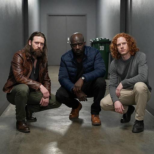 Three Men in a Dim Hallway Scene