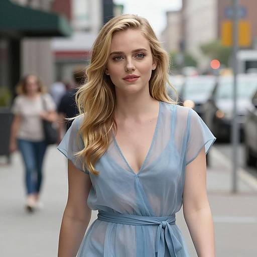 Young Woman in Sheer Blue Dress on City Street