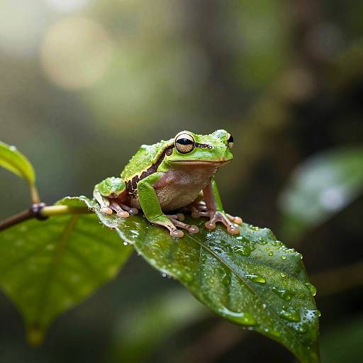 Photograph of a vibrant green frog with large, dark eyes perched on a dewy, glossy green leaf in a lush, blurred forest background.