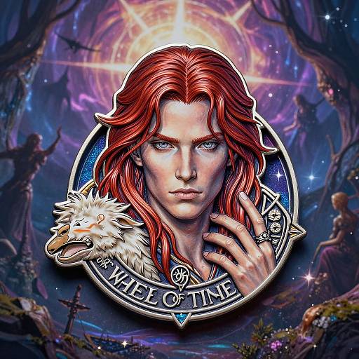 Digital art of a stern, red-haired man with blue eyes, blue circle, 