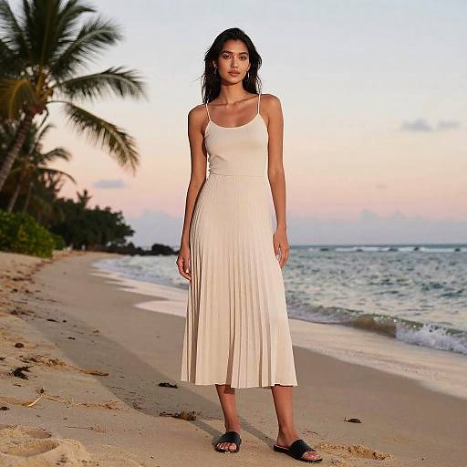 Photograph of a woman with long dark hair wearing a white, sleeveless, pleated dress, standing on a sandy beach at sunset, with palm