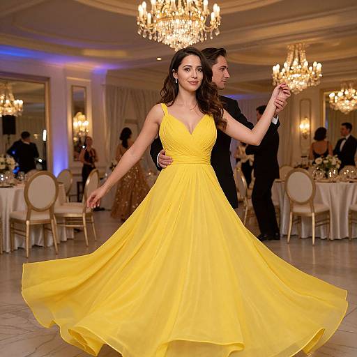 Photograph of a woman with long brown hair in a vibrant yellow, V-neck, ball gown dancing with a man in a black suit in a luxurious