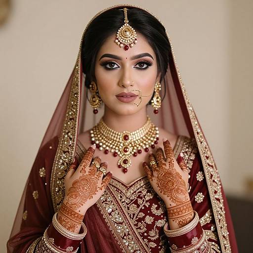 Photograph of a beautiful South Asian bride in traditional maroon and gold attire, adorned with intricate jewelry, henna, and a veil, posing with