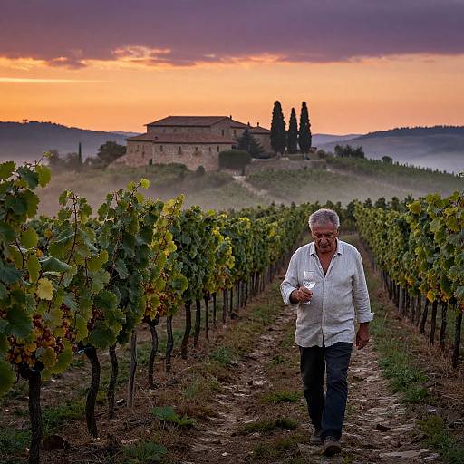 Misty Tuscan Vineyard at Sunset
