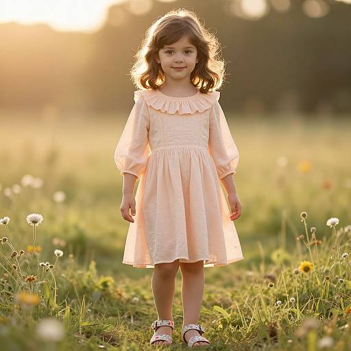 Photograph of a young girl with wavy brown hair, wearing a light pink dress and white sandals, standing in a sunlit meadow with wild