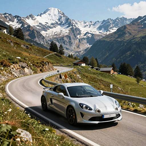Photograph of a sleek, silver Porsche sports car driving on a winding mountain road with snow-capped peaks and clear blue sky.