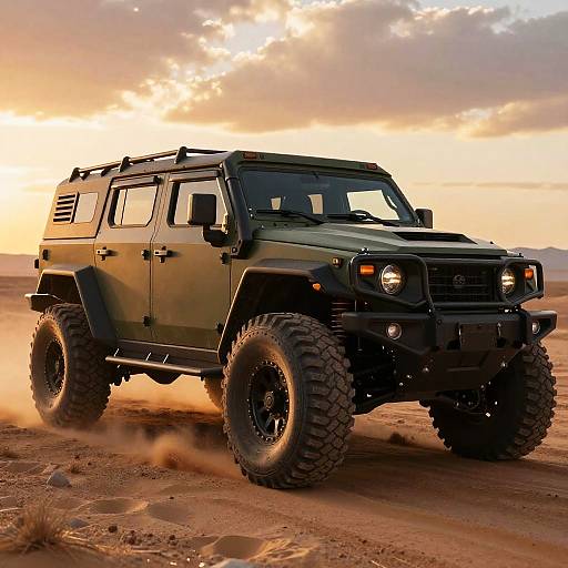 Armored Off-Road Vehicle at Sunset