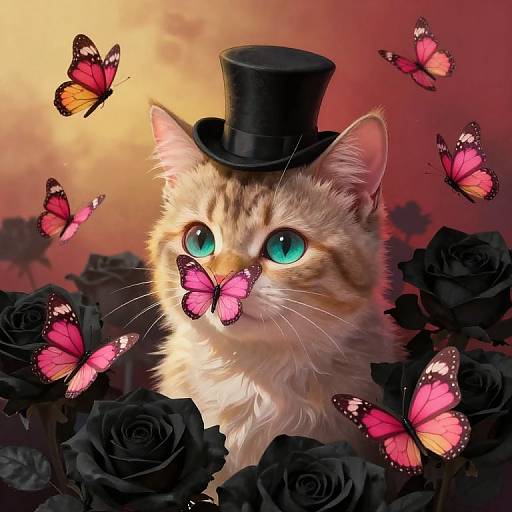 Digital artwork of a fluffy white cat with turquoise eyes, wearing a black top hat, surrounded by black roses, and pink butterflies against a warm, sunset