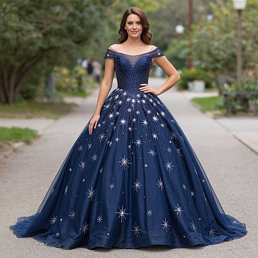 Photograph of a beautiful woman in a navy blue, star-embellished ball gown with an off-the-shoulder neckline, standing confidently on