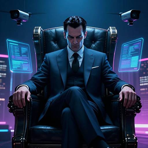 Photograph of a stern, dark-haired man in a black suit, sitting on a leather throne, flanked by glowing blue screens, in a futuristic