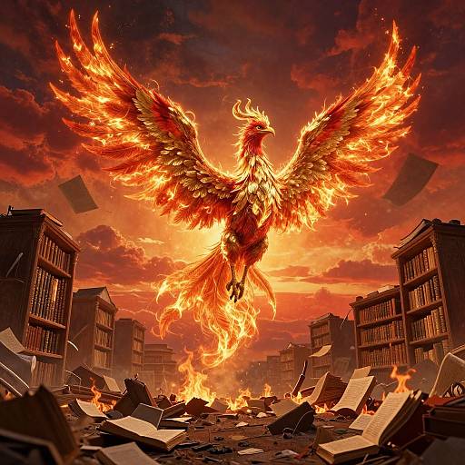 A fiery, majestic phoenix with glowing wings soars over a burning, ruined library, surrounded by blazing papers and falling books. Digital artwork.