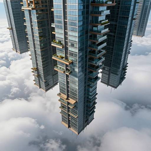 Photorealistic CGI of towering, modern skyscrapers with glass facades and wooden balconies hovering above a sea of fluffy white clouds.