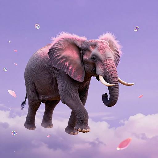 Digital CGI of a majestic, purple-pink tinged elephant with white tusks floating above fluffy clouds, surrounded by floating pink petals and sparkling crystals.