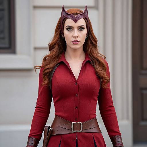 Photograph of a woman with long red hair, wearing a red button-up dress, brown belt, dark red headpiece, and gloves, standing against