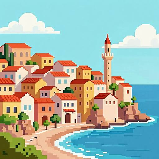 Pixel art of a Mediterranean coastal town with red-roofed buildings, a tall tower, and blue ocean under a bright sky.