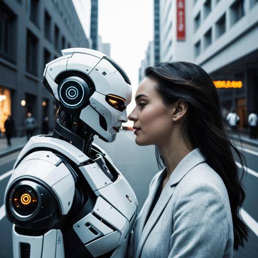 Woman Facing Futuristic Robot in City Street