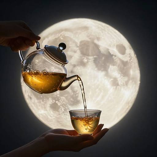 Silhouetted hands pour tea from a glass teapot into a cup against a bright, full moon in the dark night sky.