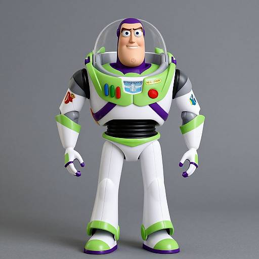 CGI image of Buzz Lightyear from Toy Story, standing in white and green space suit with clear helmet, against gray background.