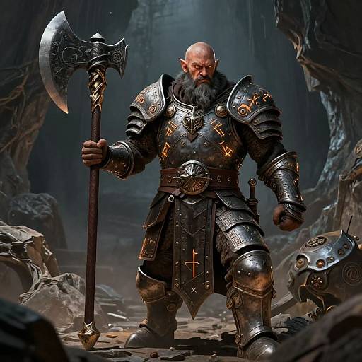 Digital art of a muscular, bald, bearded orc warrior in detailed, ornate black armor holding a massive, intricate battle axe in a dark,
