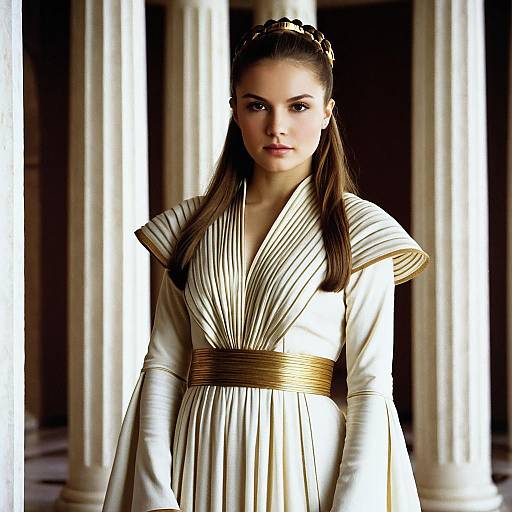 Woman in Elegant Ancient-Style Dress by Pillars