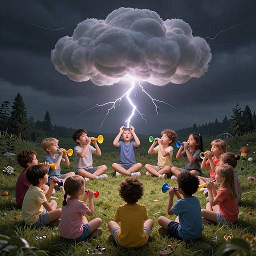 Photograph of diverse children playing with colorful plastic instruments under a dramatic, lightning-filled cloud in a dark, stormy night field.