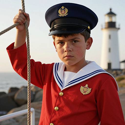 Photograph of a serious young boy in a navy sailor hat and red sailor uniform with white collar and blue stripes, holding a rope, with a l