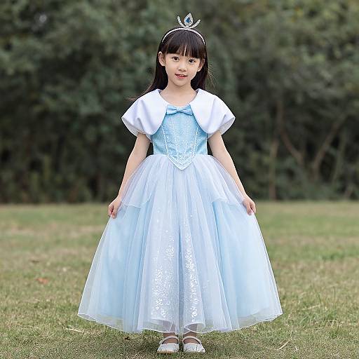 Photograph of an Asian young girl in a light blue, white-puffed sleeve princess dress, silver tiara, standing on grass with green trees in