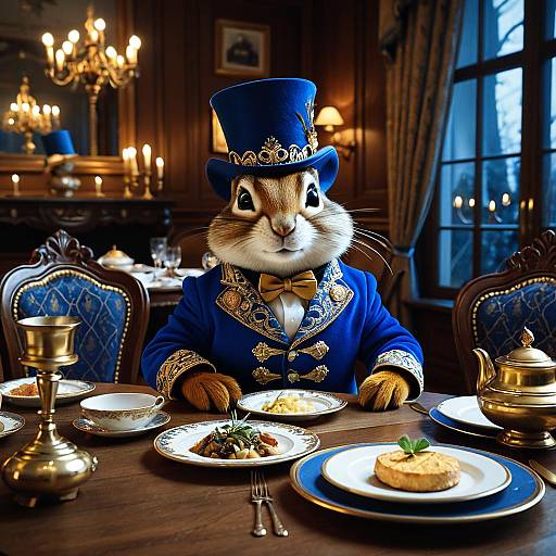 Anthropomorphic Chipmunk in Royal Blue Outfit at Elegant Dining Table