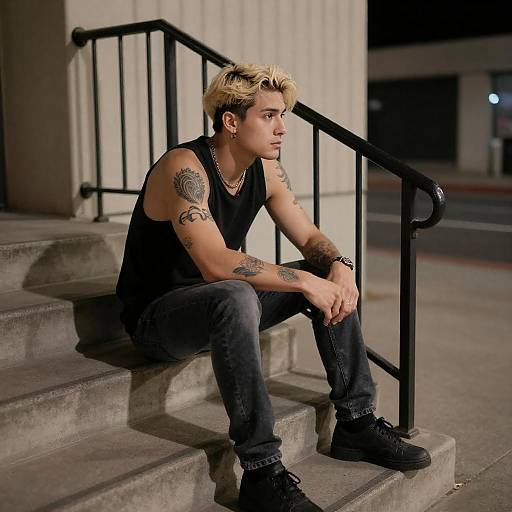 Urban Nighttime Scene with Tattooed Man