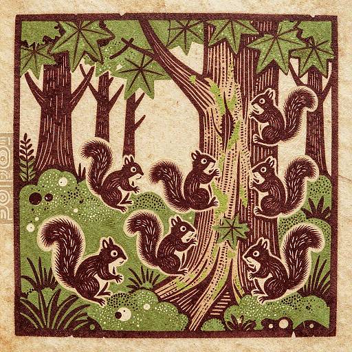 Rustic Woodcut Squirrels in Maple