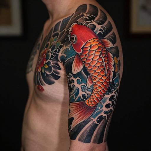 Photograph of a man's muscular arm featuring a vibrant, colorful koi fish tattoo with swirling water patterns, showcasing detailed scales and fins.
