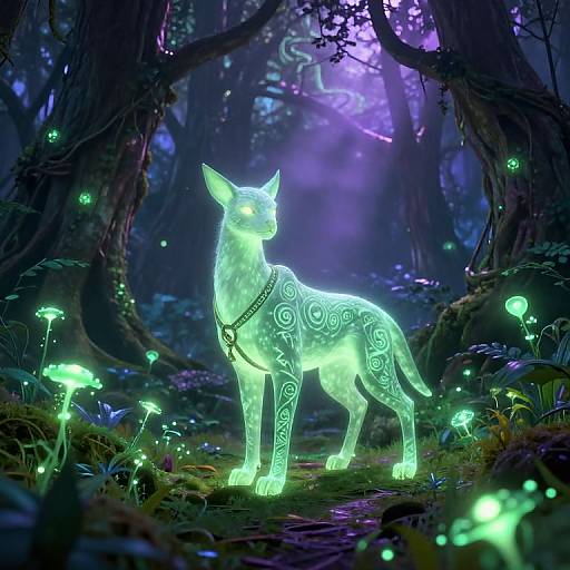 Glowing, luminescent, mythical dog with intricate patterns stands in a magical, bioluminescent forest, surrounded by glowing mushrooms and eth