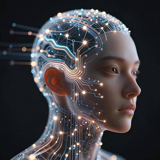 CGI image of a futuristic, human-like face with glowing circuitry patterns, illuminated lights, and a dark background, showcasing a cybernetic aesthetic