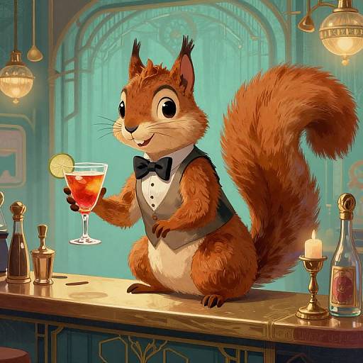 Digital illustration of an anthropomorphic red squirrel in a tuxedo, holding a cocktail with a lemon slice, standing on a bar counter with candles and