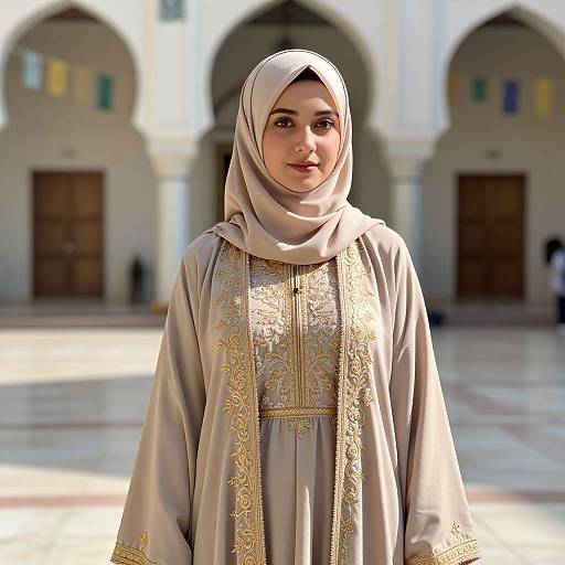 Photorealistic digital image of a young Middle Eastern woman with fair skin, wearing a white hijab and ornate grey abaya, standing in a