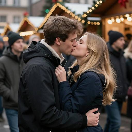 Passionate Kiss at a Festive Market