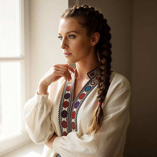 Photograph of a Caucasian woman with braided brown hair, wearing a white embroidered blouse, standing by a sunlit window, gazing thoughtfully.