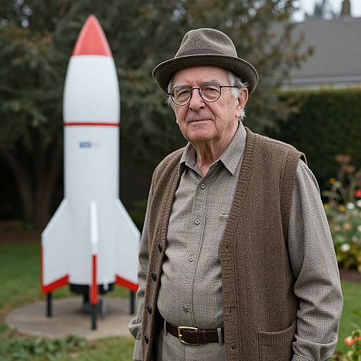 Photograph of an elderly white man with glasses, brown vest, gray shirt, and hat, standing in front of a red-and-white model rocket in