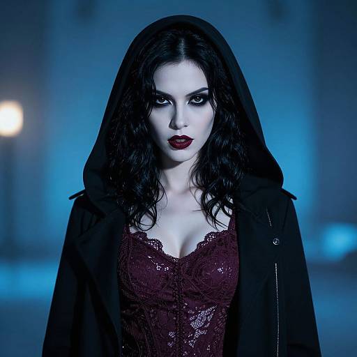 Photograph of a pale-skinned woman with dark, wavy hair, wearing a black hooded jacket over a lace burgundy dress, with striking