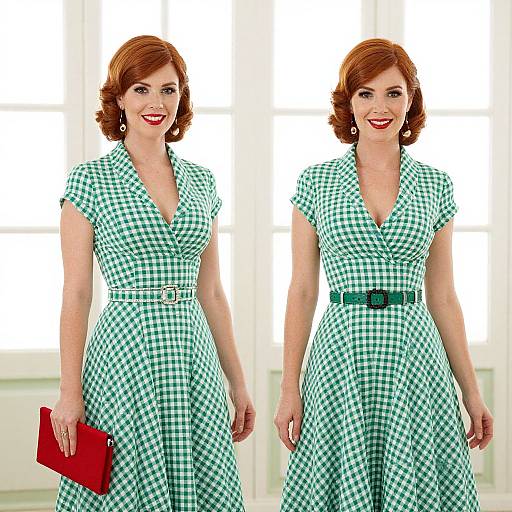 Photograph of a smiling red-haired woman in a green and white checkered dress, holding a red clutch, standing against a bright, blurred background.