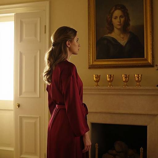 Photograph of a woman in a red robe, looking at a classical portrait, with golden chalices on a fireplace mantle.