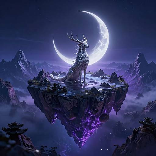 Digital fantasy artwork: Majestic, antlered wolf with glowing white fur stands on floating rock under a crescent moon, surrounded by misty,