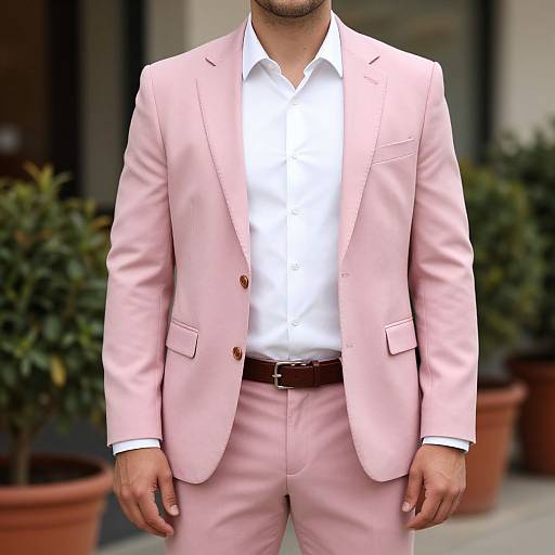Man in Pink Suit by Building