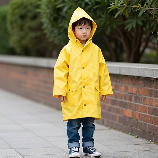 Photograph of a young Asian boy with straight black hair, wearing a bright yellow hooded raincoat, blue jeans, and black sneakers, standing on