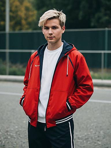 Photograph of a young, blonde, Caucasian man with short hair, wearing a red jacket, white shirt, black track pants, standing outdoors on a