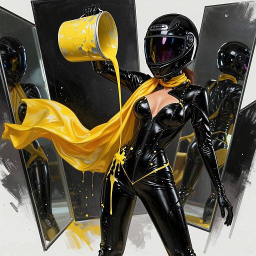 Digital illustration of a black latex-clad female biker in a helmet, pouring yellow paint onto her chest, with a yellow scarf flowing, reflected in