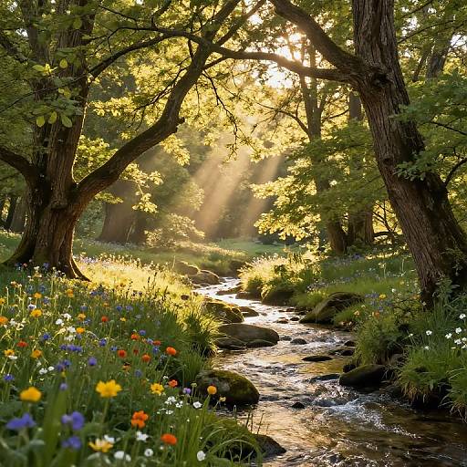 Photograph of a sunlit forest stream with colorful wildflowers, tall trees, and sunlight beams filtering through the leaves, creating a serene, picturesque nature