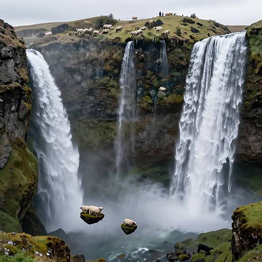 Photograph of two powerful waterfalls cascading down rocky cliffs, with misty spray below and grazing sheep on the grassy hilltop.