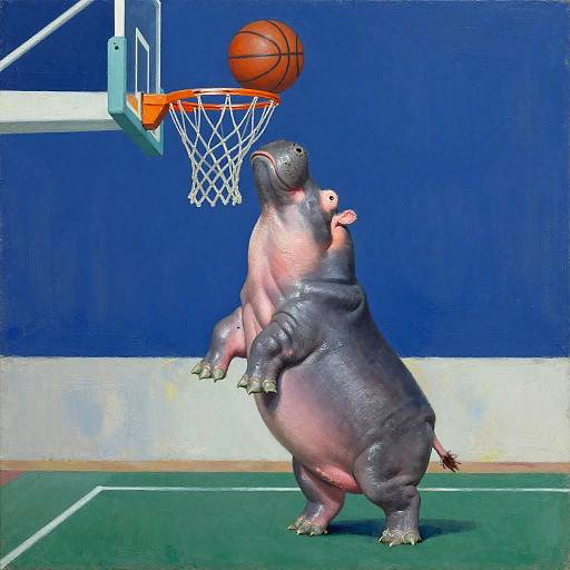 Rothko-Style Hippopotamus Dunking a Basketball