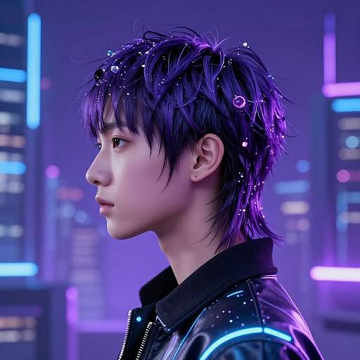 Cyberpunk portrait of an Asian man with purple-streaked black hair, glowing city lights in the background, wearing a black neon jacket. Digital